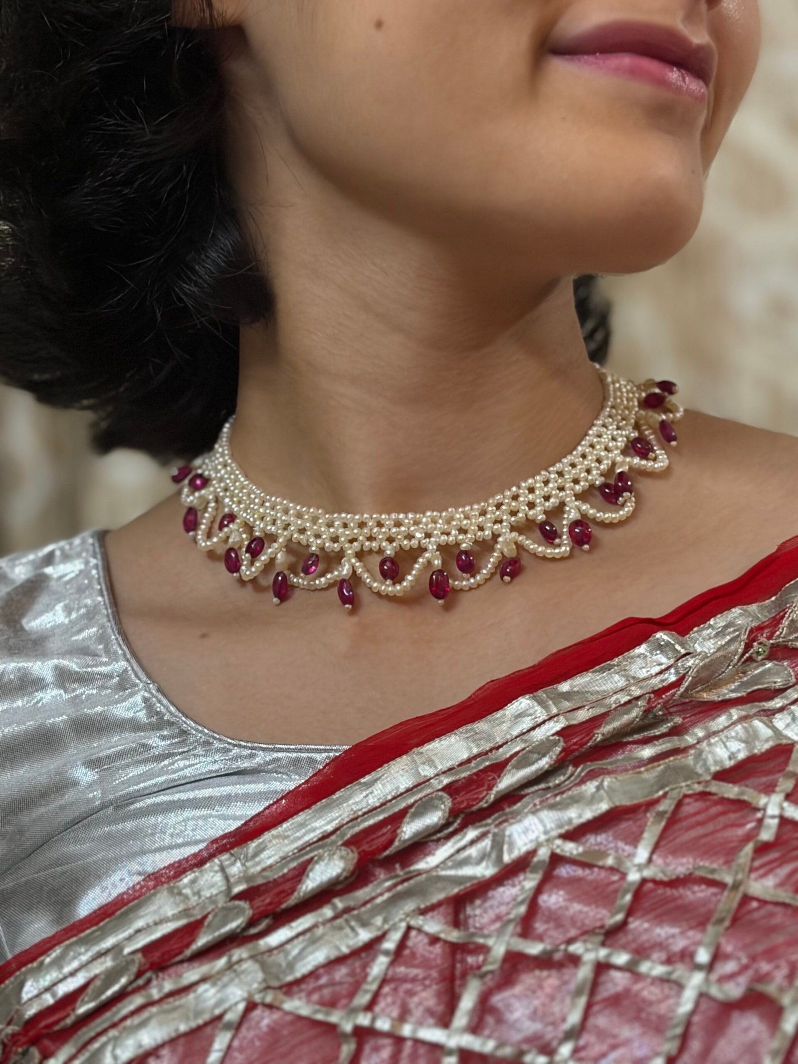 Basra Pearl Jali Choker with Red Drops, view 2