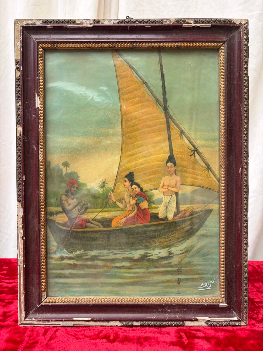 Ram, Sita and Lakshman Crossing the Ganga, a Ravi Varma oleograph