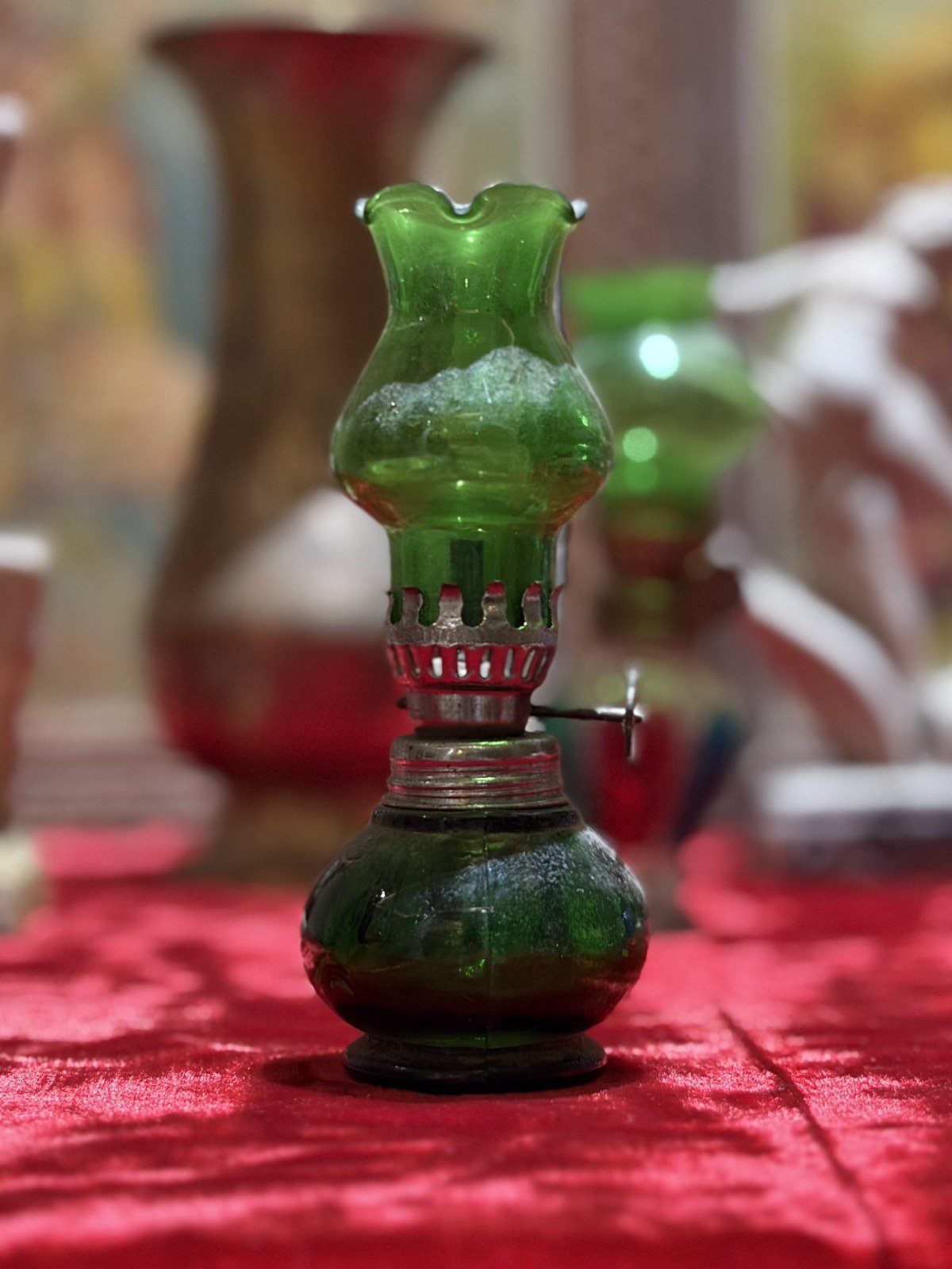 Green glass miniature oil lamp, second view