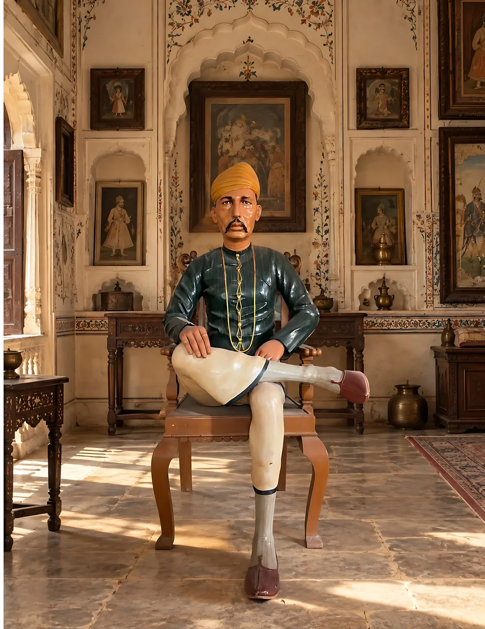 A painted wooden statue of a seated gentleman in a yellow turban and dark green coat, in a fresco-painted haveli room hung with old portraits